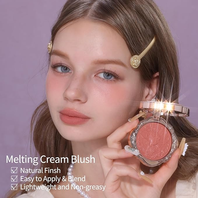Flower Knows Little Angel Cream Blush & Cushion Powder Puff Set,Buildable & Blendable Makeup Blush for cheeks,Soft & Long-lasting for Girls & Women(01 Flaming Heart,6g)