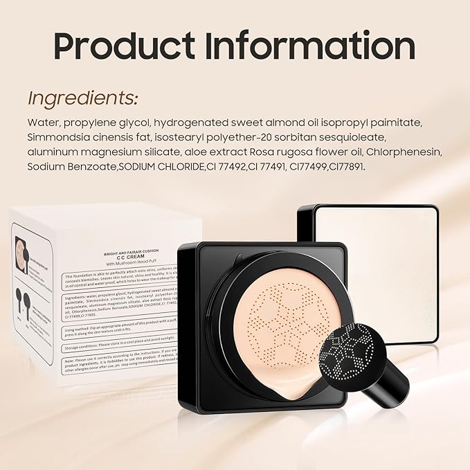 Air Cushion CC Cream - Long-Lasting Brightening Mushroom Head BB Cream Foundation for Face Makeup, Moisturizing Full Coverage Self Adjusting Concealer for Even Skin Tone (Medium Deep, 1 PCS)
