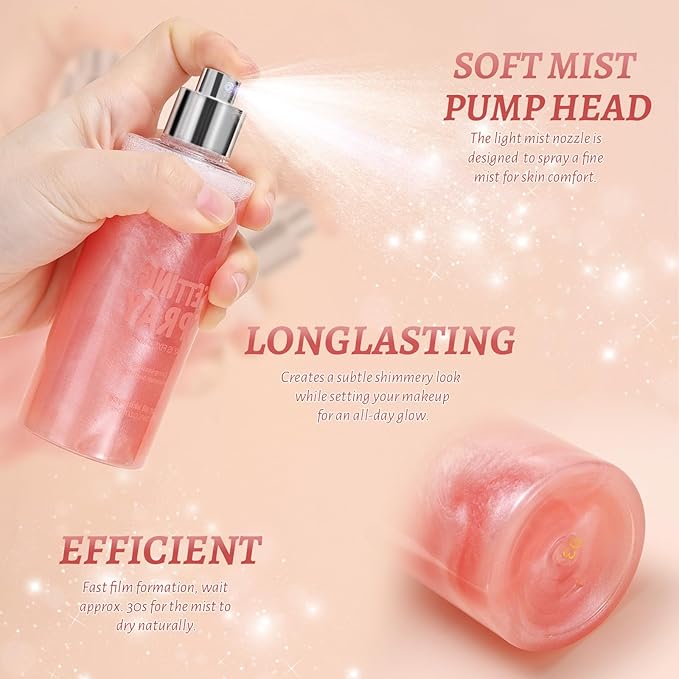 DAGEDA Glitter Setting Spray, Moisturizing + Shimmery + Setting Spray for Face, Fast Drying, Refreshing and Locking Dewy Makeup 3.38 fl. oz / 100 ml (White)