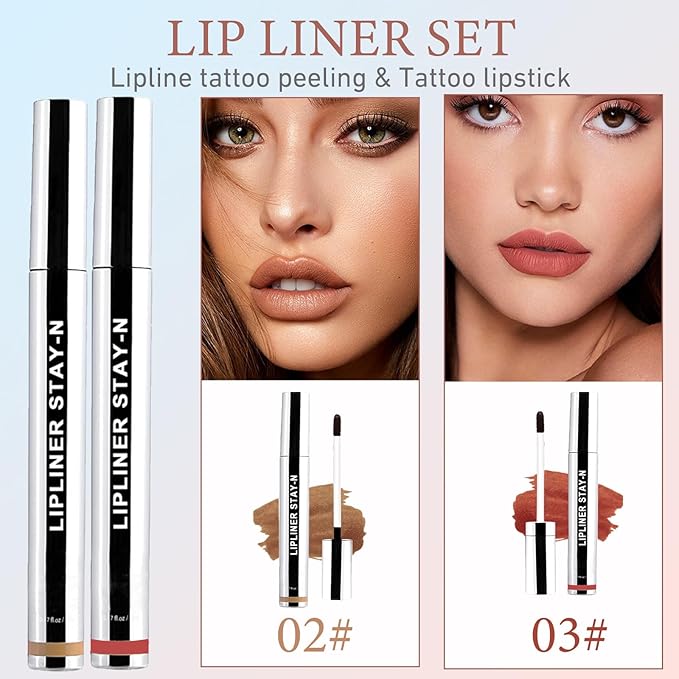 Lip Liner Stain Peel Off,Long Lasting Lip Stain Peel Off Waterproof Lip Tint Stain Non-Stick Cup Natural Lip Makeup (02#Cocoa+03#Rose)