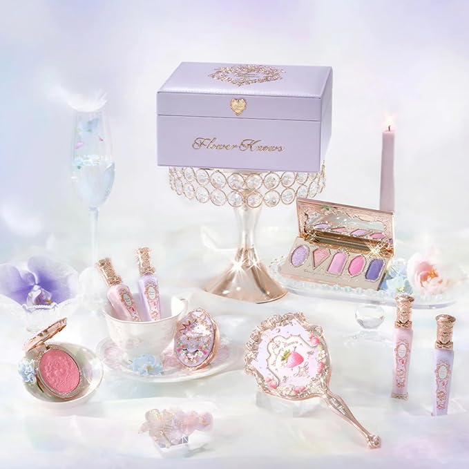 Flower Knows Violet Strawberry Rococo All-In Gift Set,11 Pack Makeup Box with Mirror,Lip Gloss×4+Blush×2+Eyeshadow Palette+Blush Brush×1+Handheld mirror×1+Hair Clip×1+Gift Box×1