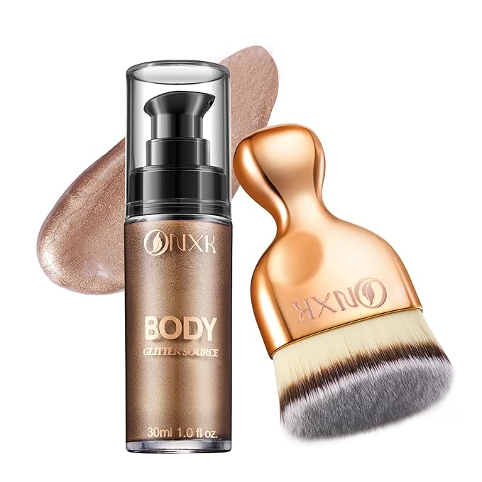 Body Glitter Oil Liquid Luminizer - Glow Hightlighter Shimmer Oil Illuminator Waterproof Long Lasting Moisturizing for Body & Face Bronzer Smooth Lotion with Makeup Brush by ONXK(#03 Rose Gold)
