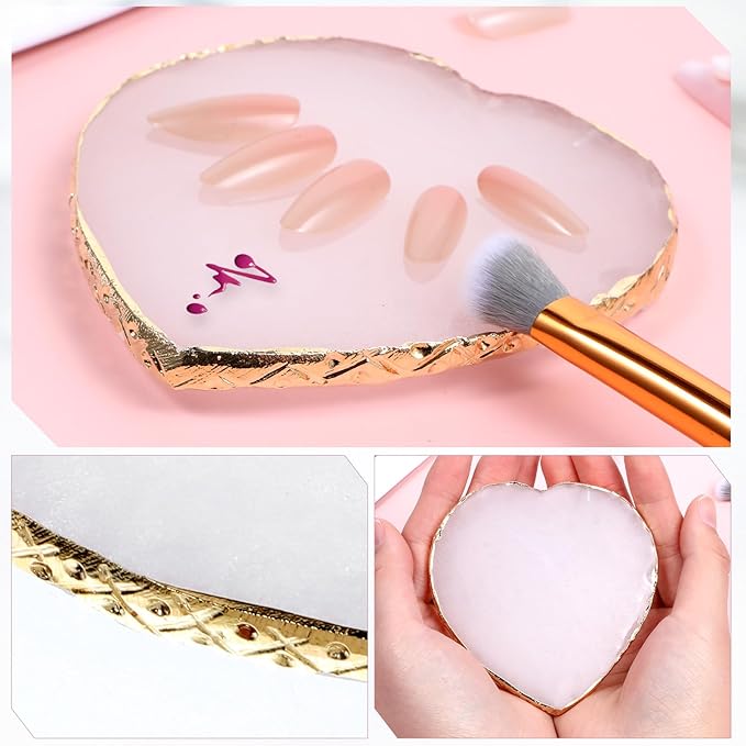 Resin Nail Art Palette, Heart Nail Palette, Nail Pallet for Nail Art with Gold Edge, Pink Nail Polish Tray, Nail Polish Mixing Plate for Nail Art Display Cosmetic Mixing