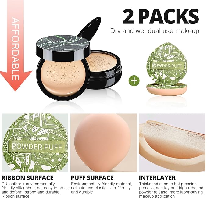 Mushroom Head Air Cushion CC Cream 2PCS Set - BB Cream Face Makeup Foundation with Power Puff for Mature Skin Moisturizing Concealer Brighten Long-Lasting, Skin Tone for All Skin Types (Natural)
