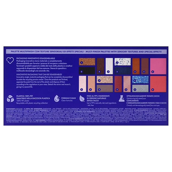 Pupa Milano Make-Up Palette L, 005 Blue, 0.71 oz - 18 Pan Eyeshadow and Blush Palette, Matte, Shimmer, Metallic Finishes - Blendable Velvety Texture Blush Powder - Talc-Free - Eco-Friendly Packaging