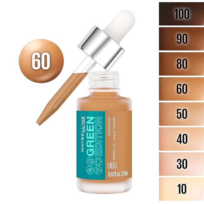 Maybelline Green Edition Superdrop Tinted Oil Base Makeup, Adjustable Natural Coverage Foundation Formulated With Jojoba & Marula Oil, 60, 1 Count
