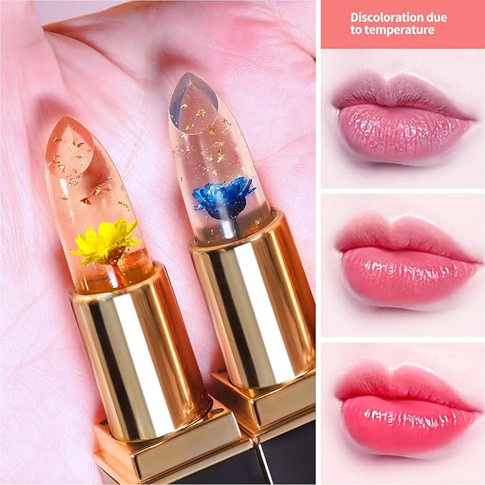 BLUE LOVE 2PCS Color Changing Flower Lipstick - Hydrating Jelly Lip Balm with Flower, Long-Lasting Moisturizer & Nourishing Lip Gloss (Gold&Pink)