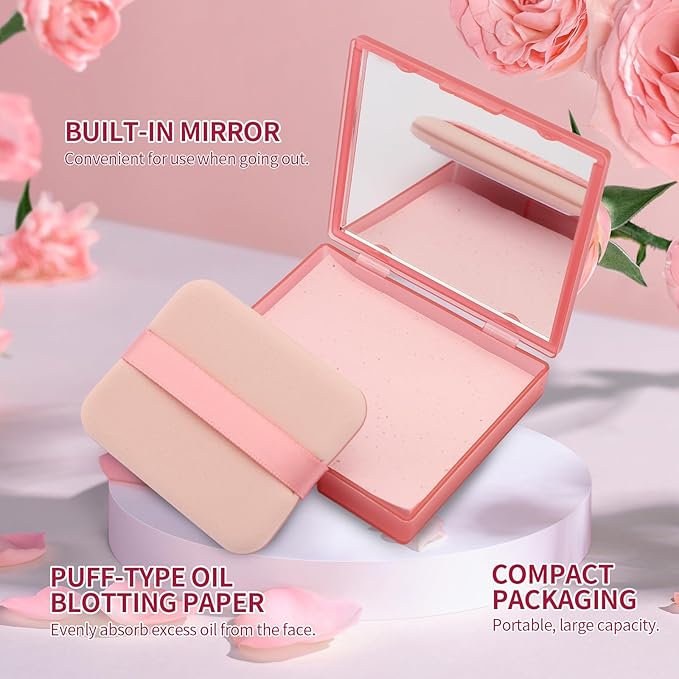 Erinde Oil Blotting Sheets for Face with Mirror and Puff, 300 Sheets Oil Blotting Paper for Oily Skin, Face Oil Absorbing Sheet, Natural Oil Control Film, Absorb Excess Oil, Makeup Friendly