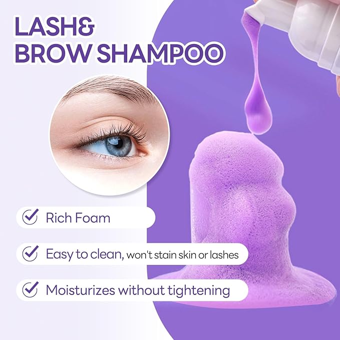 Eyelash Extension Cleanser 60ML Colored Purple Lavender Lash Extension Shampoo Lavender Professional Eyelid Foaming Cleanser Paraben & Sulfate Free Non-lrritating