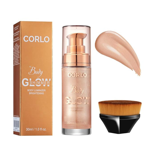 Body Shimmer Oil Liquid Glitter Face Luminizer Glow Highlighter Waterproof Long Lasting Moisturizing Luminizer FaceProm Party Makeup Brush Include(Rose Gold, Body Oil)
