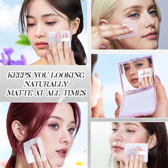 BOROLA 3-in-1 Oil Blotting Paper Set for Face 100 Sheets Oil Absorbing Sheets with Portable Mirror & Adhesive Makeup Puff, Blotting Papers for Oily Skin, Design for Men & Women(White)