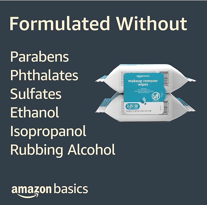 Amazon Basics Makeup Remover Wipes, Gentle Cleansing, Dermatologist Tested, Hydrating, Plant Based, Alcohol Free, Removes Waterproof Mascara, 25 Count Per Pack, Pack of 2 (Previously Solimo)