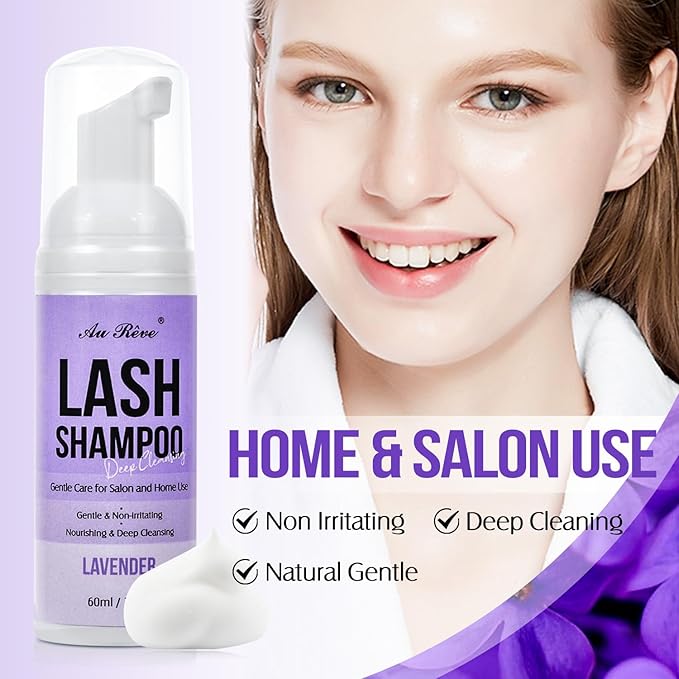 Lash Shampoo for Lash Extensions 60 Ml/2fl.oz Eyelash Extension Cleanser Oil Free Lash Cleanser for Eyelash Care, Gentle Foaming Eyelash Shampoo with Brush for Salon Home Care (Lavender 60ml)