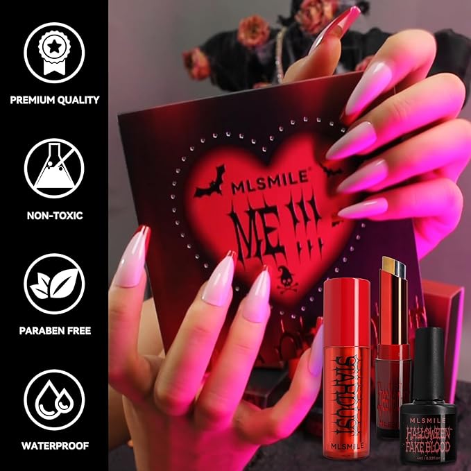 Halloween Makeup Kit,Halloween Press On Nail With Tools,SFX Make up Set Fake Blood Cream,Powder Lipstick,two-tone eyeshadow,2024 New Halloween Party Supplies