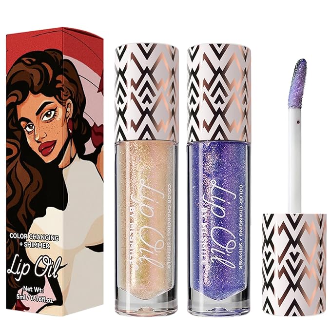 2 Colors Boss Up Color Changing Lip Oil, Shimmering Temperature Color Changing Lip Gloss Tinted Lip Stain, Long Lasting Nourishing Moisturizing Lip Glow Oil for Lip Care and Dry Lips (01#&03#)