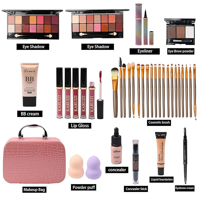 All in One Makeup Kit for Makeup storage bag 2X14 Colors Eyeshadow Palette Liquid Foundation Eyeliner Pencils Contouring Stick 20Pcs Makeup Brushes For Women Girls Teens (Pink)