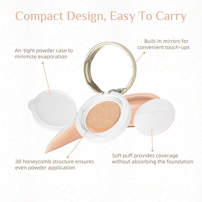 Cushion Foundation Makeup, Buildable Coverage Moisturizing Nourishing Breathable Poreless Oil-Control Lightweight, Skin fit, Natural Flawless Matte Finish