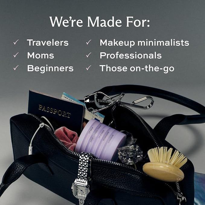 6-in-1 Stackable Travel Makeup Kit by Subtl Beauty | New Lip Glaze, Eyeshadow, Highlighter, Lip + Cheek, Blush, Shine Control | Includes Mirror & Brush | Compact Makeup for On the Go