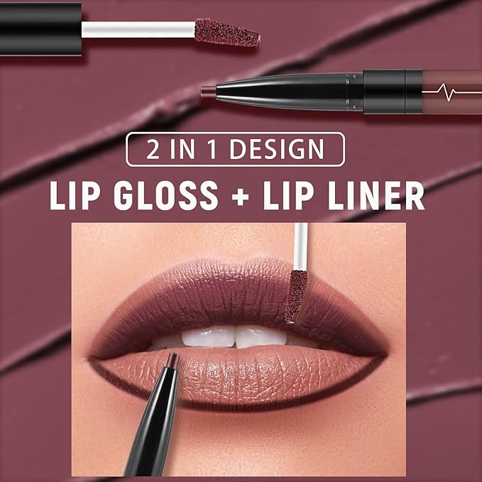 2 In 1 Matte Lip Gloss and Lip Liner,Waterproof Lipstick,Highly Pigmented Lip Sticks,Quick Drying,Dual-Ended Lip Sticks