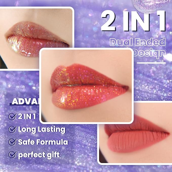CHARMACY Multichrome Double Head Non-Stick Lip Gloss, Metallic Colourful Lip Glaze, Anti-transfer, Long Lasting Waterproof Liquid Lipstick Makeup (#04)