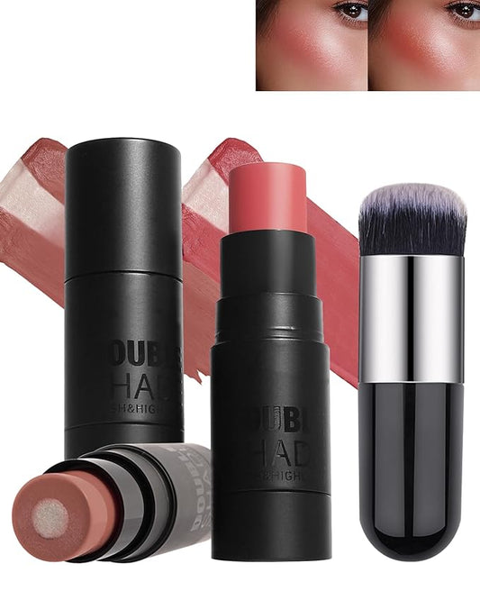 Cream Blush Stick for Cheeks-2Pcs Multi-Use Sandwich Makeup Blush Stick for Eyes Lips Face,Longlasting Tinted Matte Blush, Glow Blendable Blusher with Brush,Women's Day Gift for Women-03+05