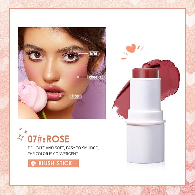 Matte Cream Blush Stick for Cheeks, Eyes & Lips - Waterproof, Long Lasting (07 Rose)