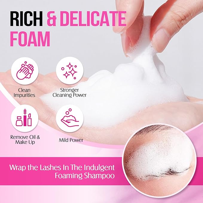 Lash Shampoo for Lash Extensions 60 Ml/2fl.oz Eyelash Extension Cleanser Oil Free Lash Cleanser for Eyelash Care, Gentle Foaming Eyelash Shampoo with Brush for Salon Home Care (Cherry Blossmom 60ml)