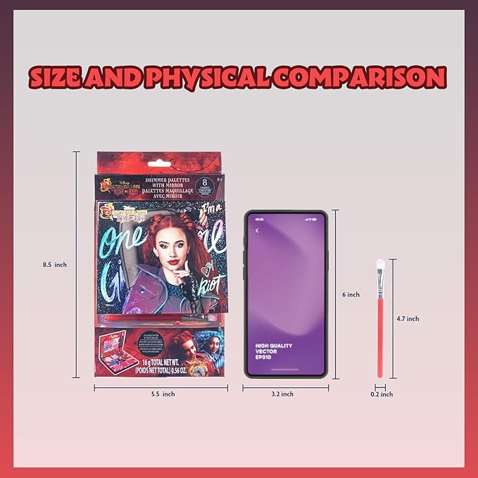 Descendants: The Rise of Red - 8 Well Eyeshadow Shimmer Palette with Mirror and brush, Shimmery and Opaque Colors, Pigmented Blendable for Girls Ages 8+, Perfect for Birthday, Parties by Townley Girl