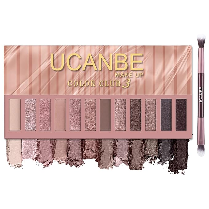 UCANBE 12 Color Eyeshadow Makeup Palette, Naked Nude Eye Shadow, Neutral Matte Shimmer Make Up Pallet with Double-ended Brush Set Kit, Highly Pigmented Long Lasting Waterproof