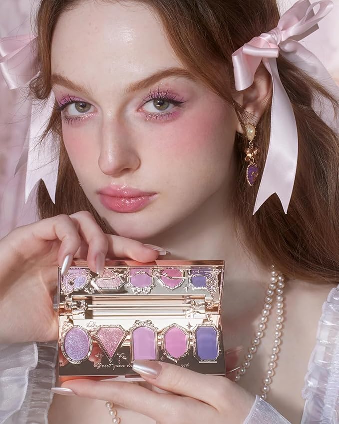 Flower Knows Violet Strawberry Rococo All-In Gift Set,11 Pack Makeup Box with Mirror,Lip Gloss×4+Blush×2+Eyeshadow Palette+Blush Brush×1+Handheld mirror×1+Hair Clip×1+Gift Box×1