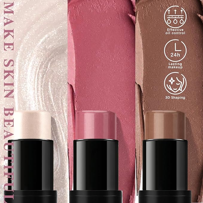 3 Pcs Cream Blush Contour Highlighter Stick for Cheeks Eyes Lips Lightweight Dewy Finish Blush Stick Waterproof Long Lasting Contour Stick Trio Wand Face Makeup Set for Girls and Women (2+5+6)