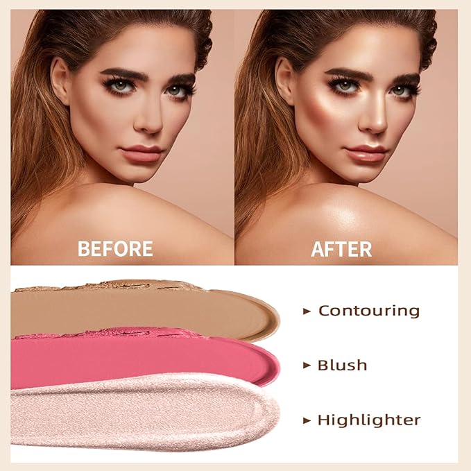 PHOERA CC Cream Foundation With SPF,PHOERA Full Coverage Foundation Color Correcting Cream,3 Pcs Cream Contour Stick Makeup Kit, Shades with Highlighter Stick, Blush Stick and Bronzer Contour Stick