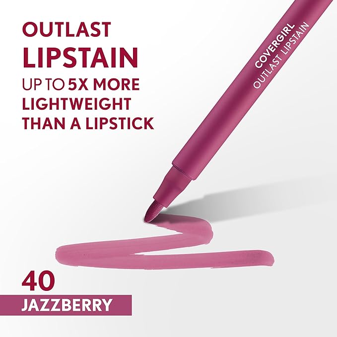 COVERGIRL Outlast Lipstain Bundle - 15 Epic & 40 Jazzberry Shades, Smooth Vegan Formula, Transfer-Proof, Buildable Color, Pen-Like Applicator, 0.06oz Each