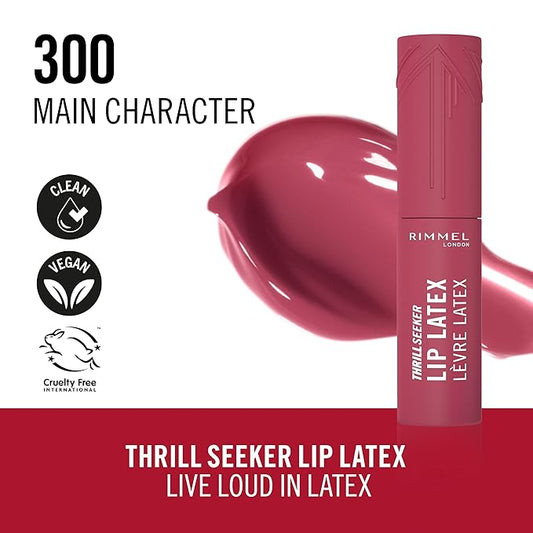 Rimmel Thrill Seeker Lip Latex, 300 Main Character, Liquid Lipstick, Lipgloss, Lip Colour, Hyaluronic Lipstick, Lip Stain, Smooth Shine, Hydration, Hyaluronic Acid, Vitamin E, Aloe Vera, 0.2oz