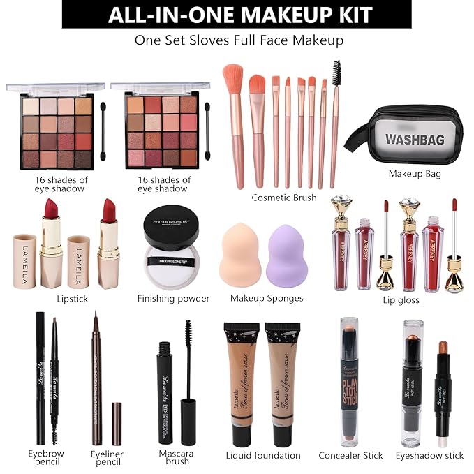 Makeup Kit All-in-one Makeup Gift Set for Women Full Kit,including travel makeup bag, makeup brush set, eyeshadow palette, lip gloss, foundation, highlighter, mascara, eyeliner, eyebrow pencil(BLACK)