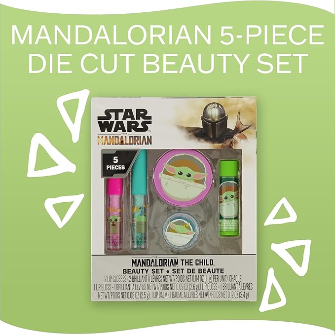 Mandalorian Baby Yoda Die Cut Lip Gloss Beauty Set – Includes 4 Flavored Lip Glosses and 1 Green Apple Flavored Lip Balm, Star Wars Themed Makeup Kit & Baby Yoda Gift Set