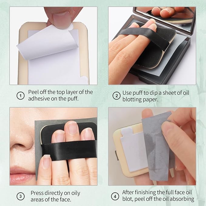 Erinde Oil Blotting Sheets for Face with Mirror and Puff, 200 Sheets Oil Blotting Paper for Oily Skin, Face Oil Absorbing Sheets, Natural Oil Control Film, Absorb Excess Oil, Bamboo Charcoal