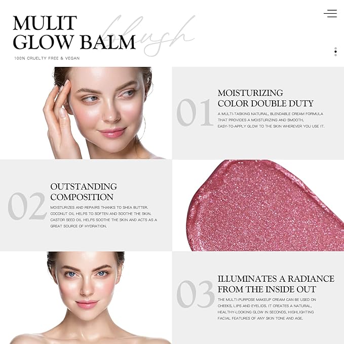 Cream Blush for Cheeks Radiant Finish, Hydrating, Creamy, Lightweight & Blendable Color, Vegan & Smooth Lip Color Balm, Hydrating Vitamin E