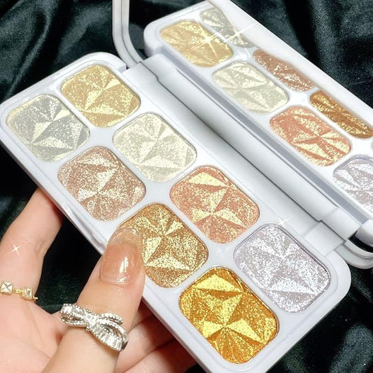 8 Colors Face Body Cheek Diamond Shimmer Highlighter Palette - Gold Shimmer Blush Bronzer and Makeup Powder C01