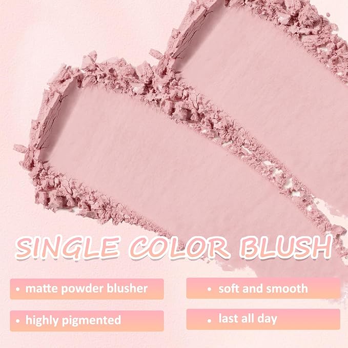 Boobeen Powder Blush Matte Single Color Blush, Pressed Blush Face Makeup Blusher High Pigment Blush for Colorful, Long-wear Glow, Natural Flush Tint for Cheeks (C02)