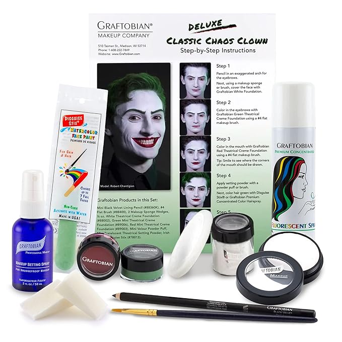 Graftobian Classic Chaos Clown Makeup Kit - Complete 11-Piece Set for Scary Jester or Clown Costume - Deluxe Face Paint with Full Color Instructions Included, Perfect for Cosplaying and Halloween