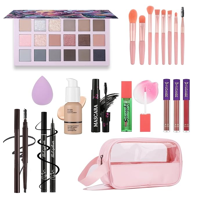 Full Makeup Kit for Women, 18 Color Eyeshadow, 3 Color Lipstick, Blush Oil, Mascara, Liquid Eyeliner, Eyebrow Pencil, Foundation, Sponge, Makeup Bag and 8pcs Makeup Brush