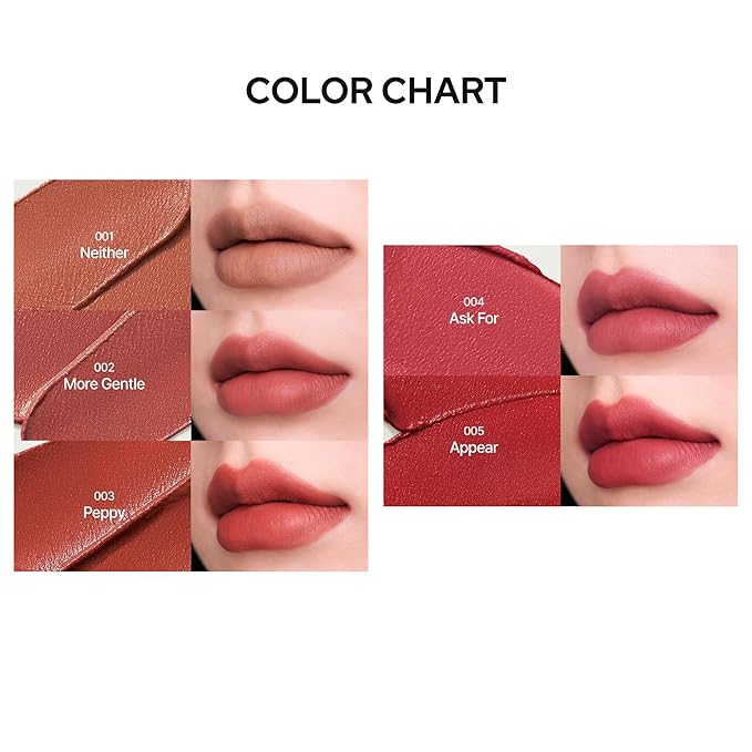 Silky Blur Tint 5 Colors | Soft Velvet Texture & Semi-Matte Finish | Long-Lasting & Close-adhering, Blurring effect, Subtle Shades | Korean Lip Stain (002 More Gentle, 0.1 Fl oz)