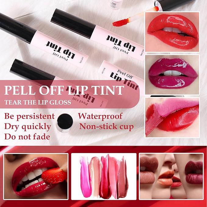 3 Colors Peel Off Lip Tint, Long Lasting Tattoo Lip Gloss, Non-Stick Cup Matte Finish Lip Tinted Peel Off Lip Stain, Waterproof and Transfer Proof (Set B)