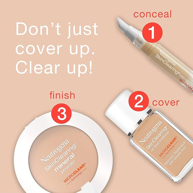 Neutrogena SkinClearing Mineral Acne-Concealing Pressed Powder Compact, Shine-Free & Oil-Absorbing Makeup with Salicylic Acid to Cover, Treat, & Prevent Breakouts, Chestnut 135,.38 oz (Pack of 2)