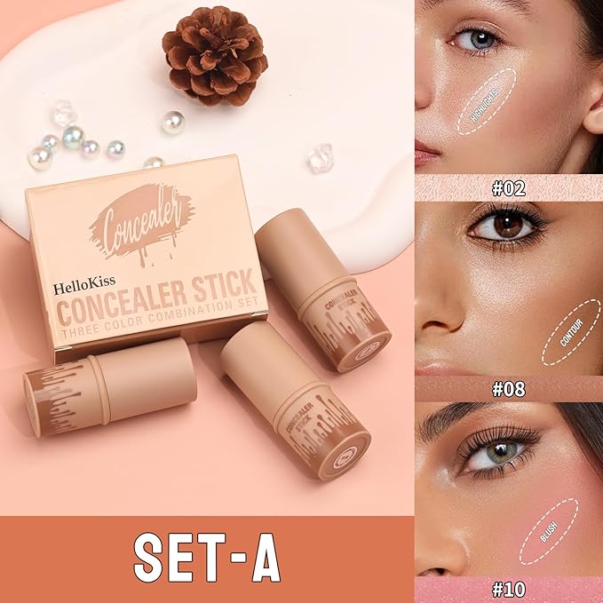 3Pcs Cream Contour Sticks Kit, Highlighter Stick Blush Stick Cream Contour Kit Makeup Set with Brush,Face Brightens & Shades Contour Stick Waterproof for Women Girls(9507-02-08-10, A)