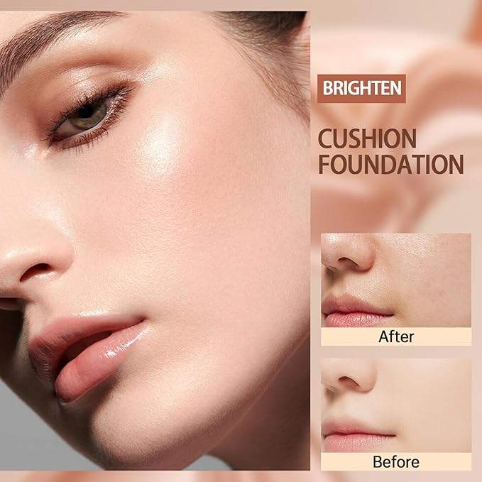 Air Cushion CC Cream Foundation With Powder Puff, Moisture Long-Lasting BB Cream Full Coverage Foundation for All Skin Types,Waterproof Breathable Even Color Smooth Radiant Finish Skin(Buff Beige)
