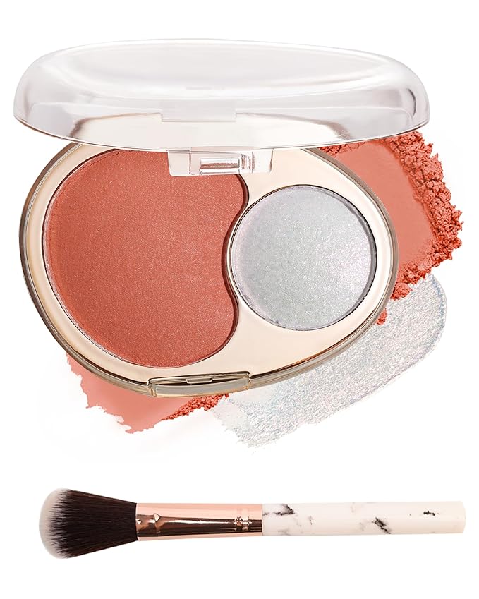 Blush and Highlighter Palette,2 in 1 Orange Blusher Pearl Shimmer Highlighter,Matte Blusher and Bronzer for Face Cheeks,Longlasting Waterproof Facial Makeup Set with Brush,Makeup Gift for Women-03