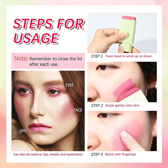 3 in 1 Blush Stick, 2 PCS Shy Pink, Long Lasting Waterproof Lightweight Moisturing Face Blush, Easy Blends Use on The Go, Natural Matte Soft Cream Blushers for Cheeks Lips Eyes, 02+03