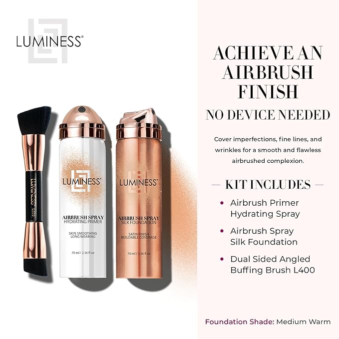 LUMINESS Silk Airbrush Spray Foundation Makeup Starter Kit - Full Coverage Foundation, Primer & Dual-Sided Angled Buffing Brush - Medium Warm